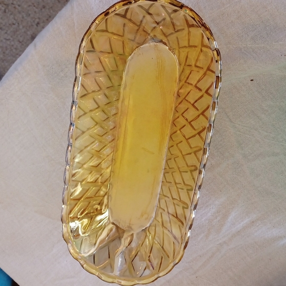 Vintage Carnival Glass Dish, rectangular,  yellow luster, 10" long, 2" high - Picture 1 of 2